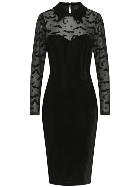 Rooey Bat Mesh Velvet Pencil Dress