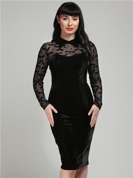 Rooey Bat Mesh Velvet Pencil Dress