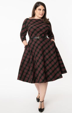 Devon Plaid Swing Dress - Black & Burgundy